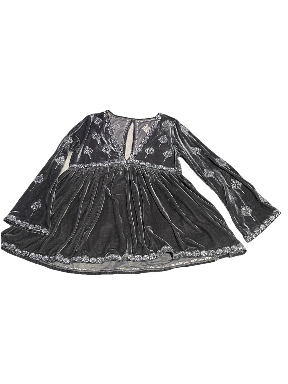 POL Gray Embroidered Velvet V-Neck Top